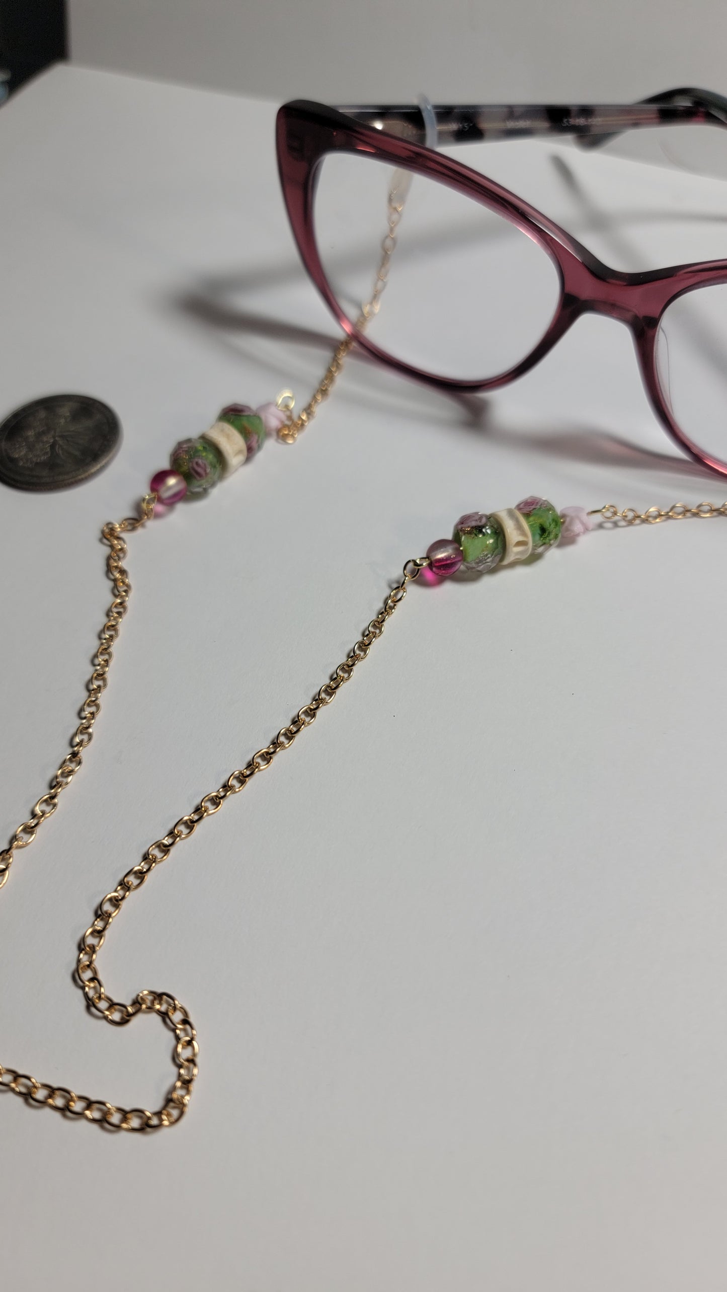 " Fish Bone and Green and Pink Flowers" Eye Glasses Chain