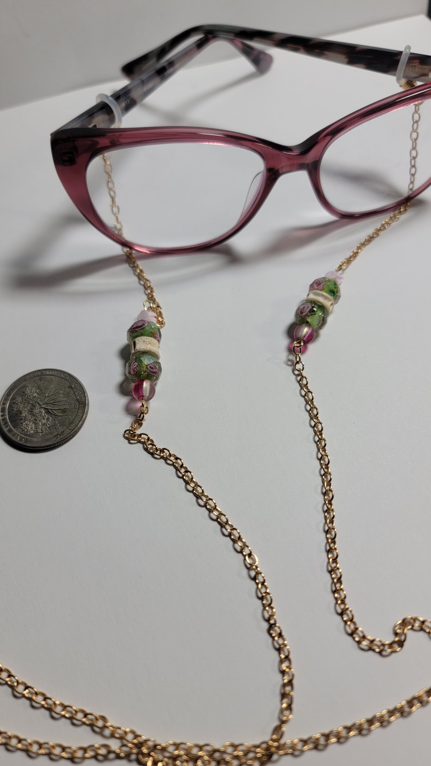 " Fish Bone and Green and Pink Flowers" Eye Glasses Chain