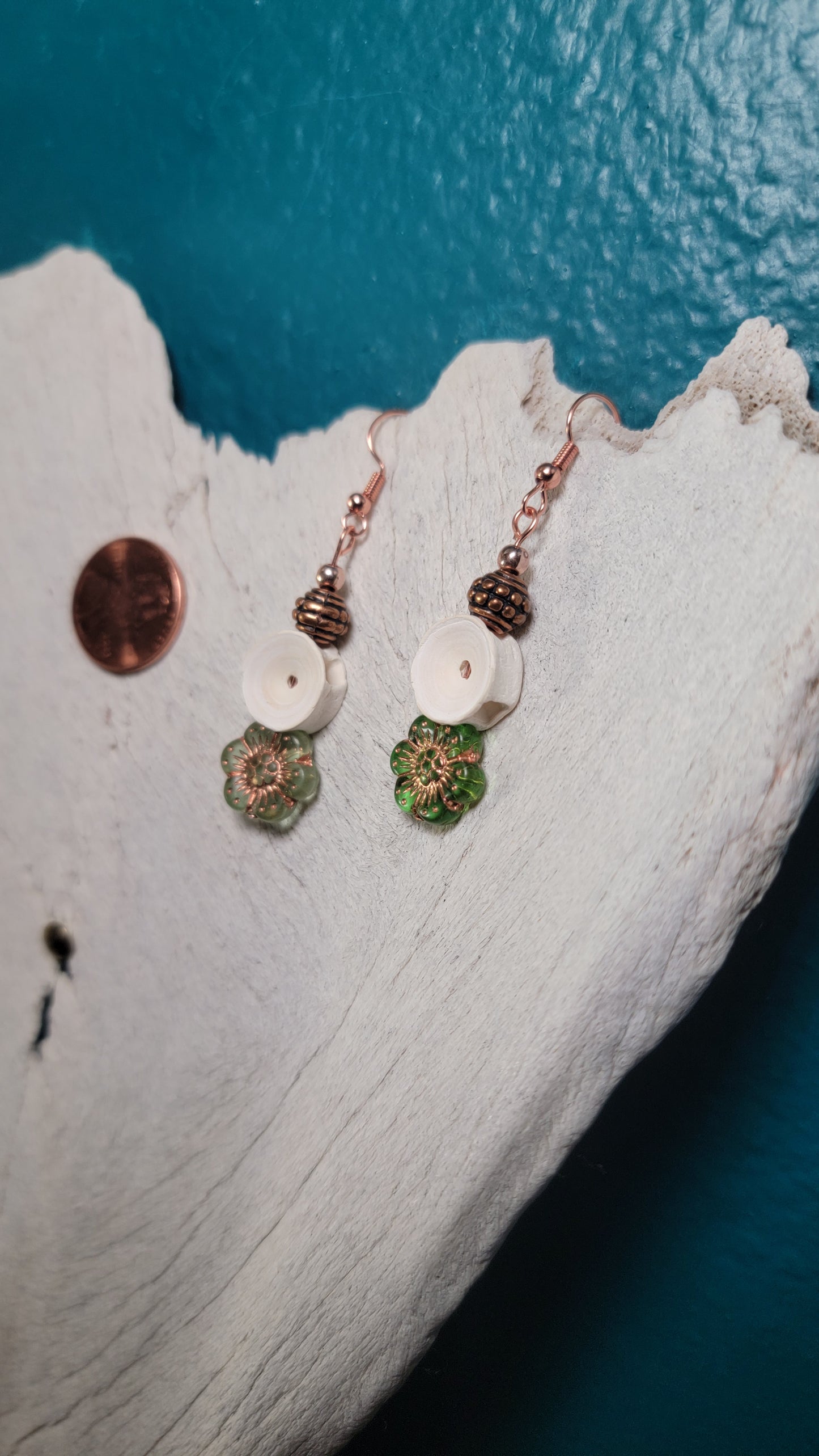 Rose Gold Green Flowers and Fish Bone Earrings