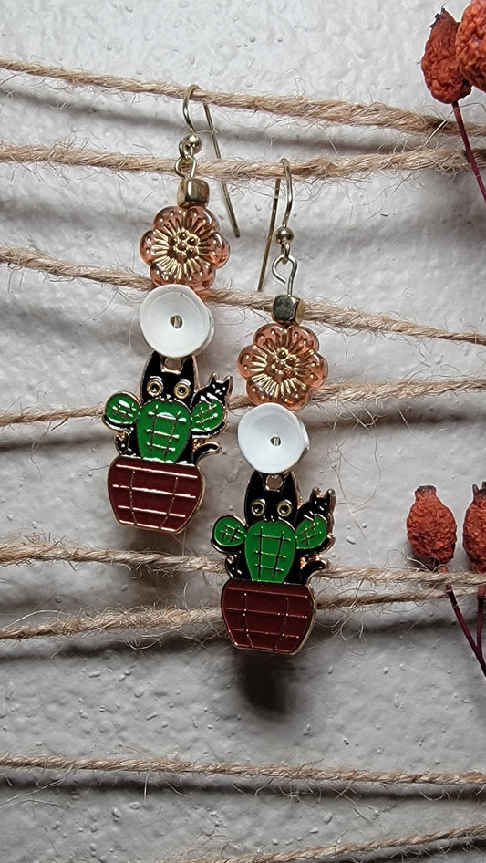 Cat Cactus with Fish Bone Vertebra Earrings
