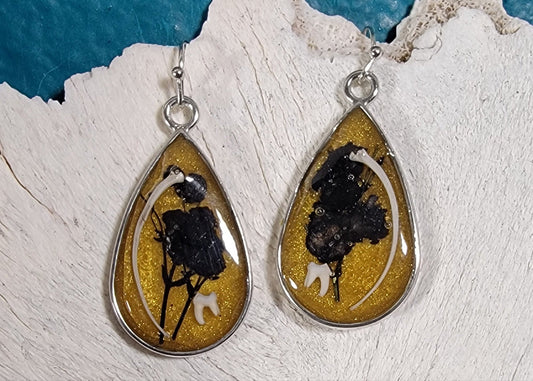 Snake Rib and Ground Squirrel Teeth in Gold with Black Floral Earrings