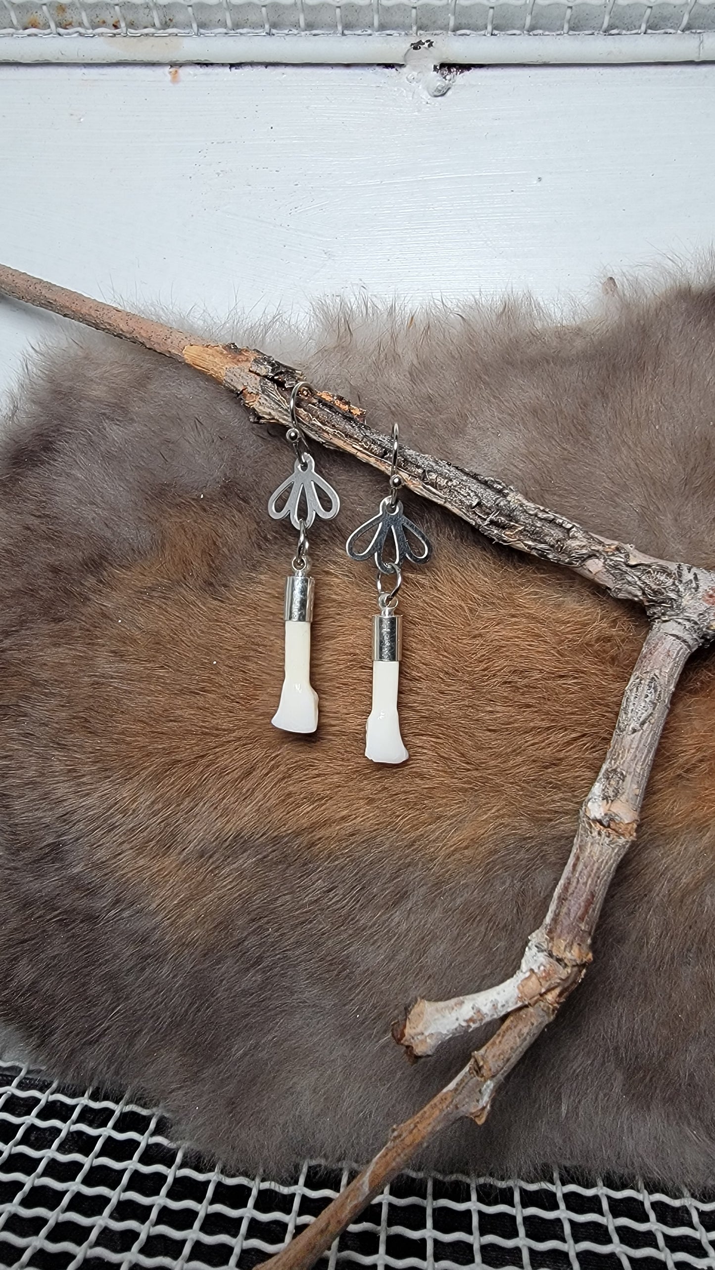 Minimalist Silver Flower with Deer Teeth Earrings
