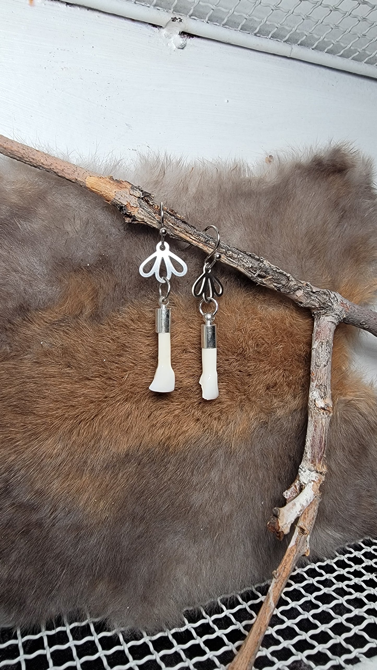Minimalist Silver Flower with Deer Teeth Earrings