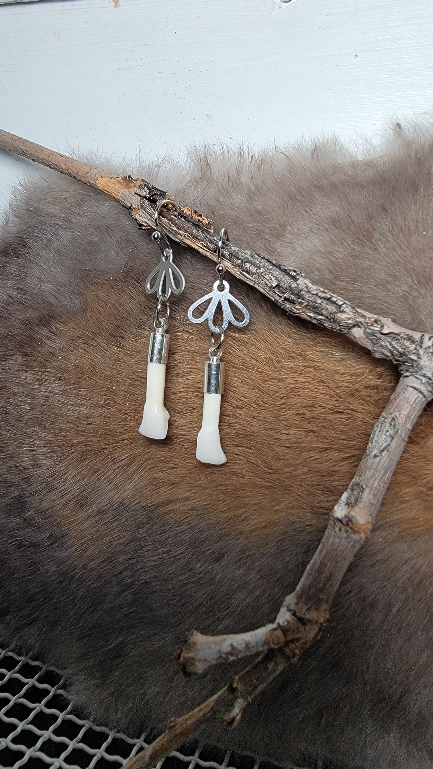 Minimalist Silver Flower with Deer Teeth Earrings