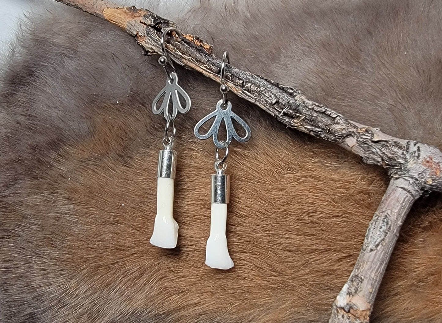 Minimalist Silver Flower with Deer Teeth Earrings