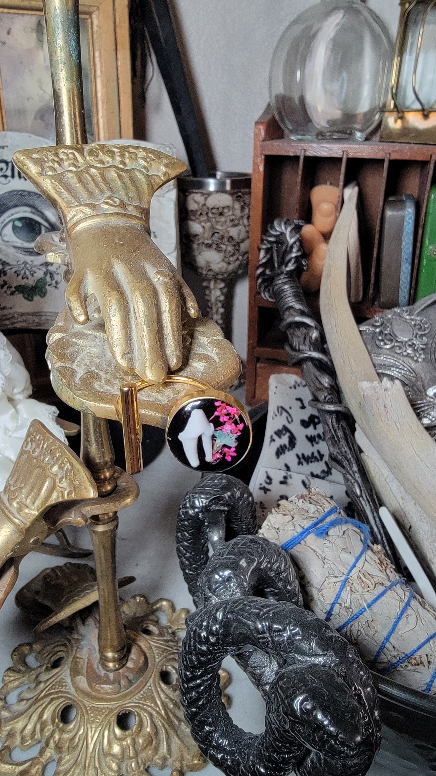 Raccoon Tooth with Pink and Blue Florals Ring Size 8