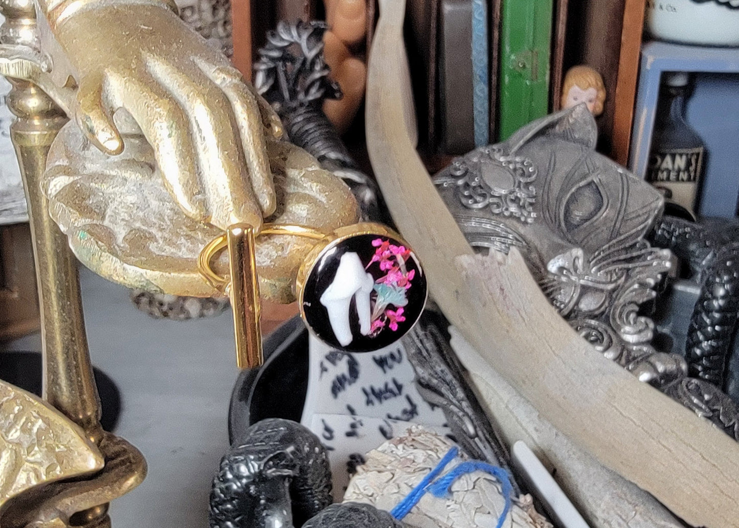 Raccoon Tooth with Pink and Blue Florals Ring Size 8