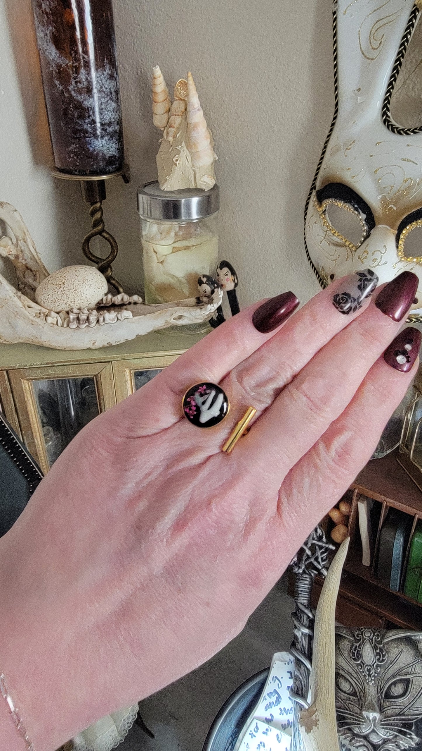 Raccoon Tooth with Pink and Blue Florals Ring Size 8