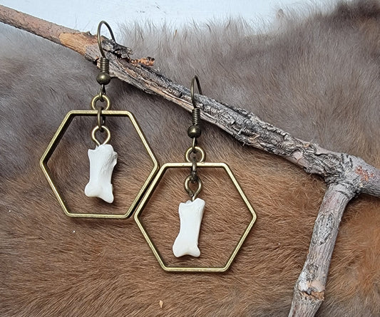 Coyote Toe Bone an Hexagon Earrings