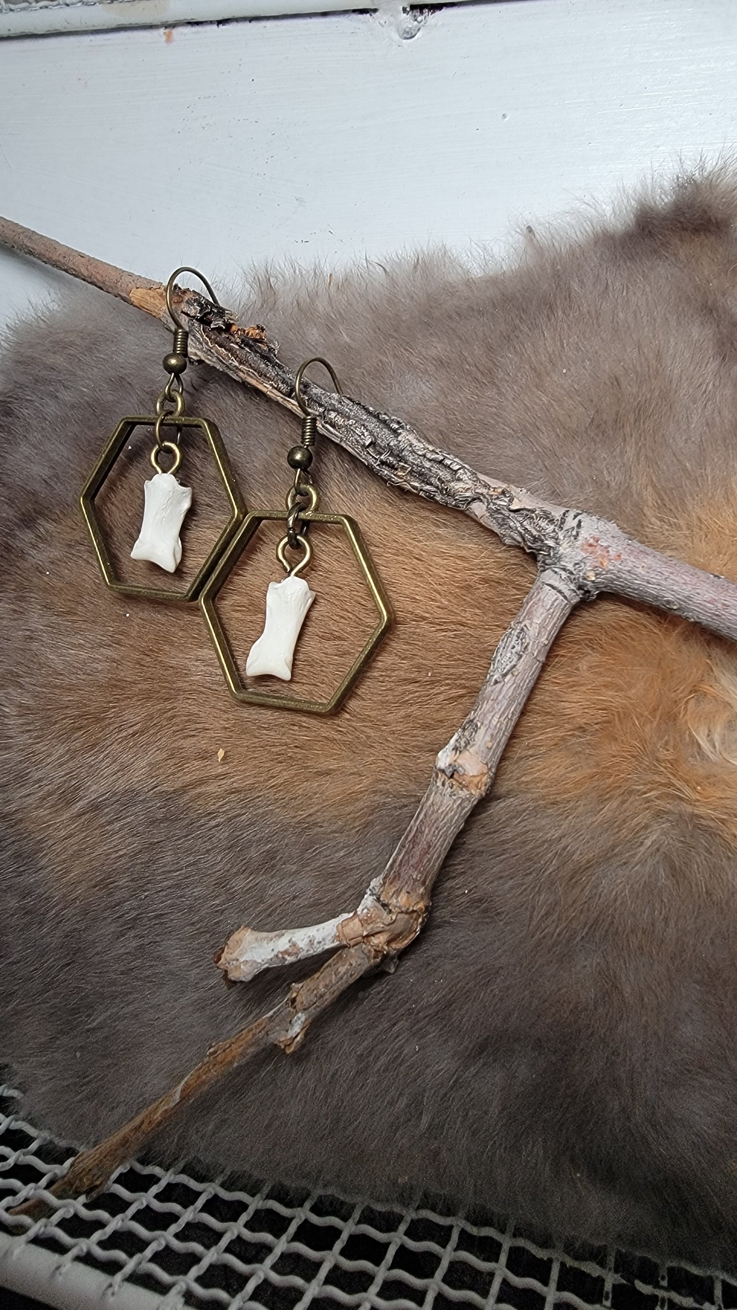 Coyote Toe Bone an Hexagon Earrings