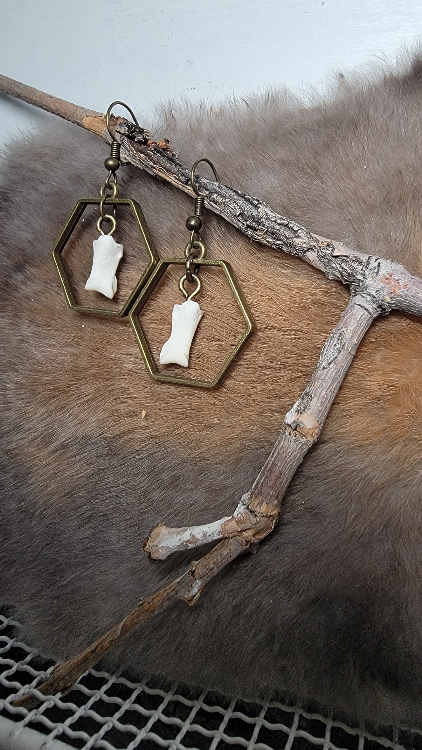 Coyote Toe Bone an Hexagon Earrings