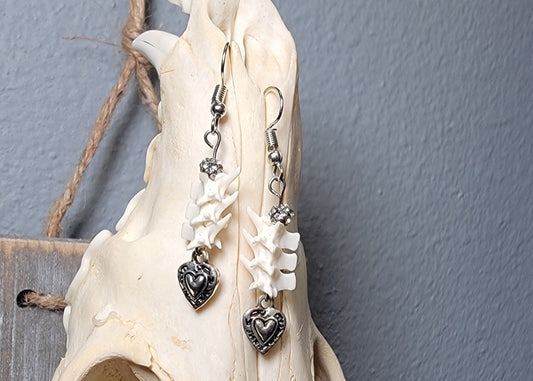 Silver Heart Charm with Rattlesnake Vertebra Earrings