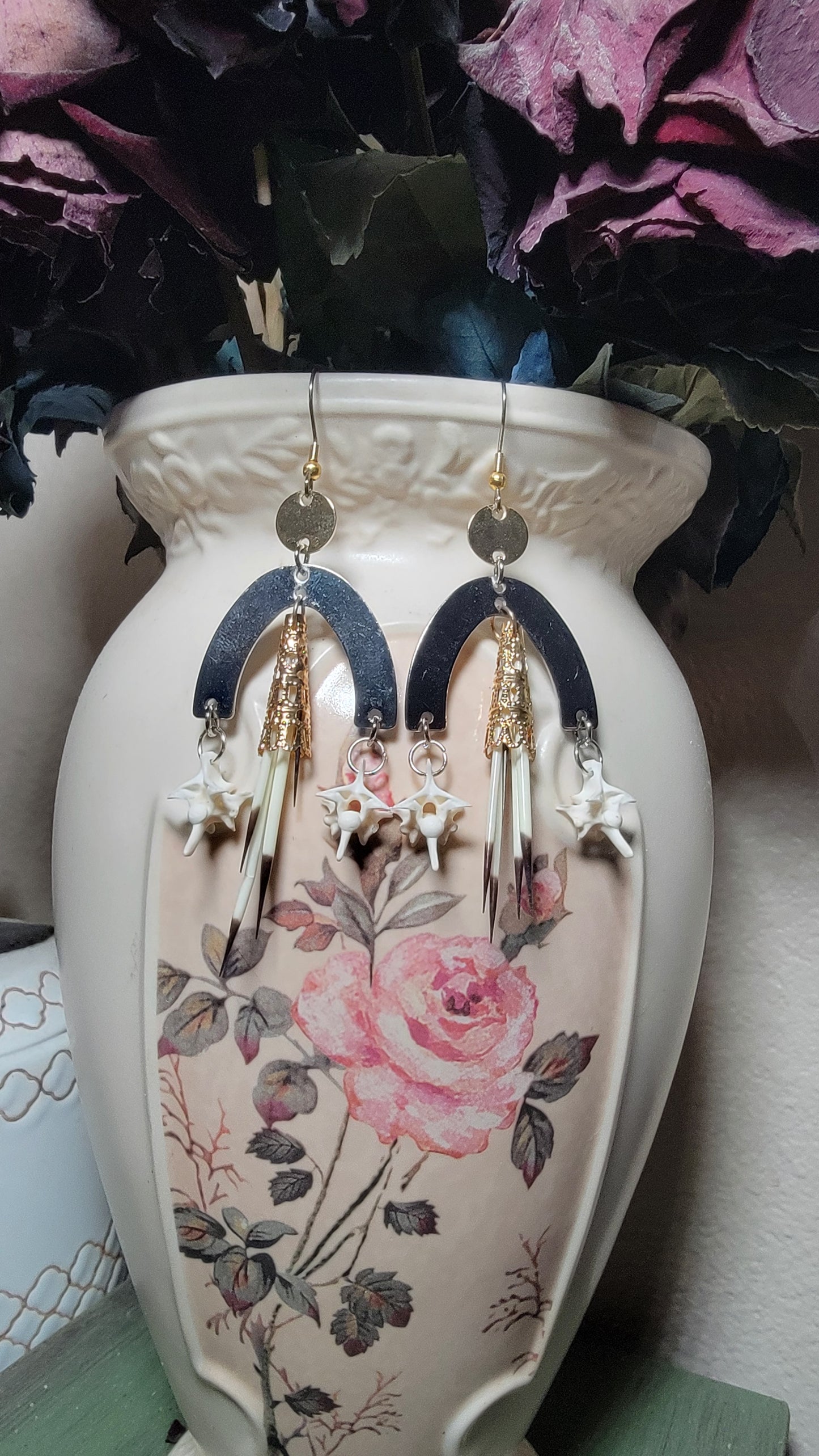 Silver and Gold Tiered Porcupine Quills and Rattlesnake Vertebra Earrings