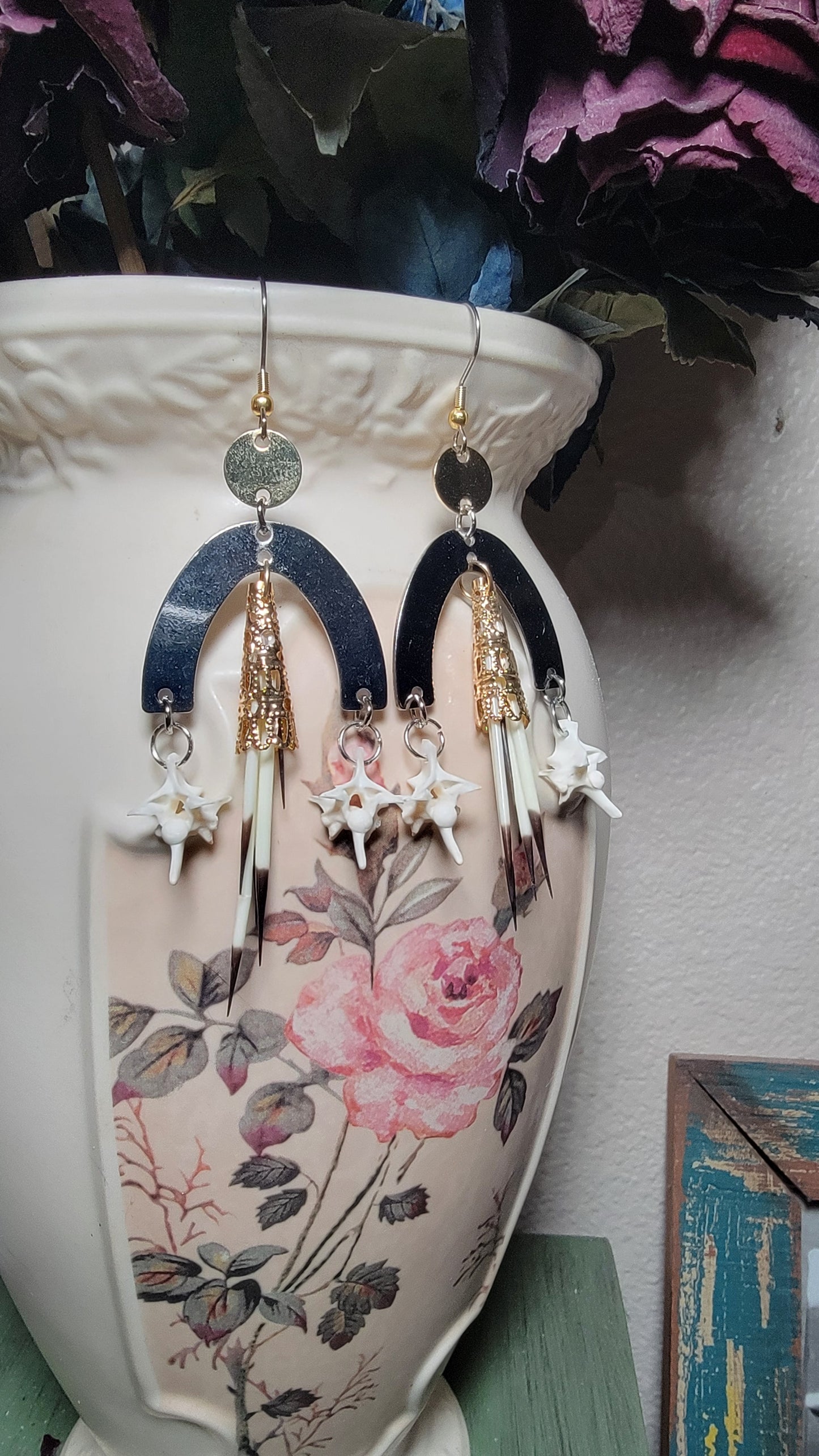 Silver and Gold Tiered Porcupine Quills and Rattlesnake Vertebra Earrings
