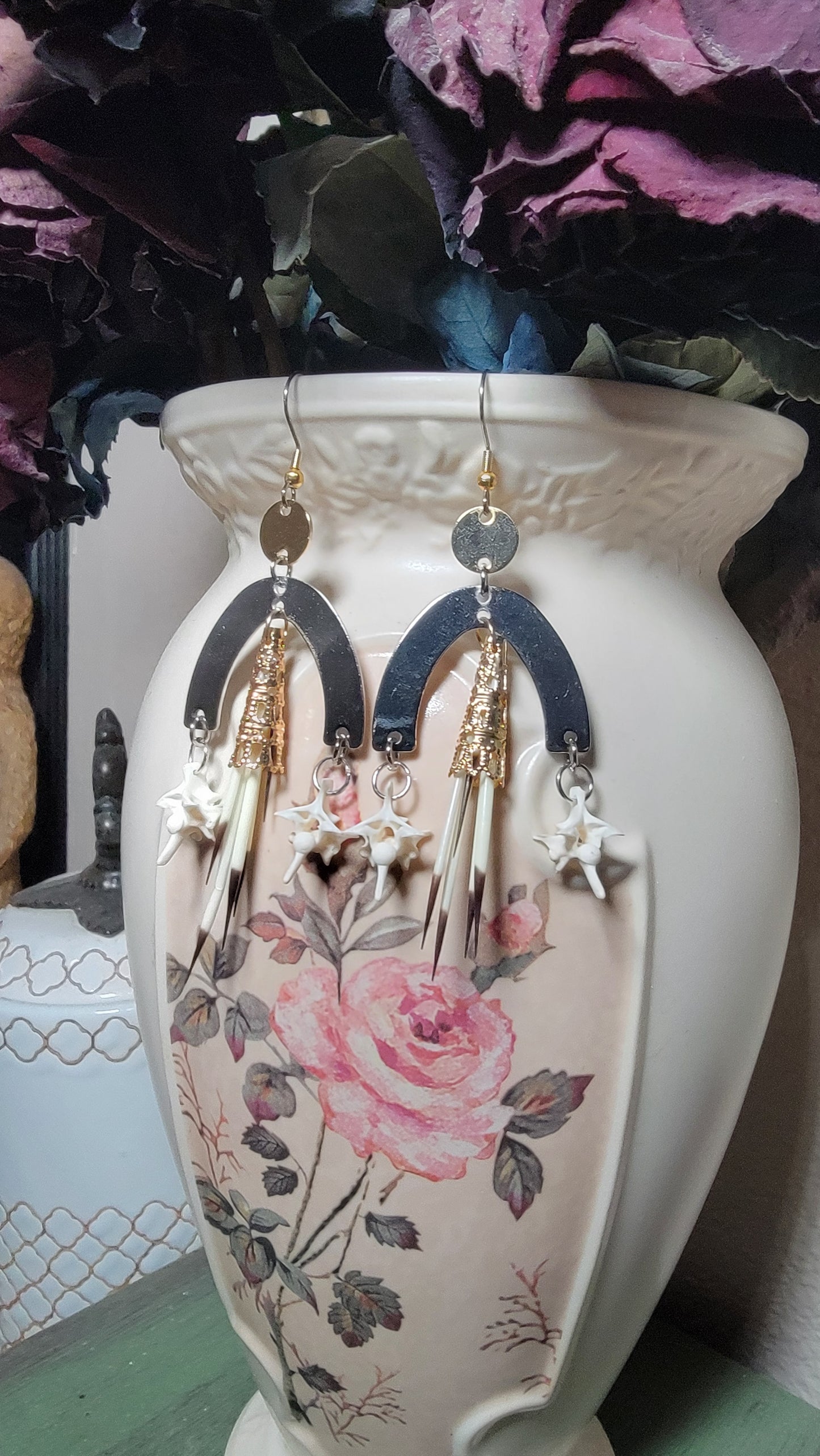 Silver and Gold Tiered Porcupine Quills and Rattlesnake Vertebra Earrings