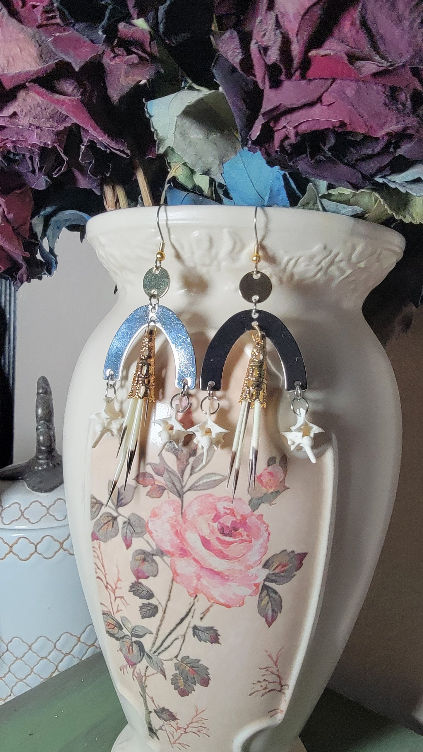 Silver and Gold Tiered Porcupine Quills and Rattlesnake Vertebra Earrings