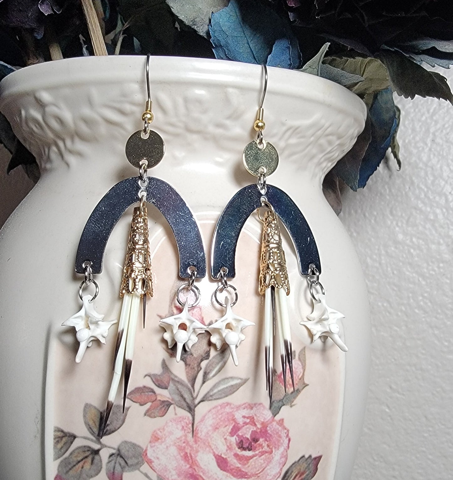 Silver and Gold Tiered Porcupine Quills and Rattlesnake Vertebra Earrings
