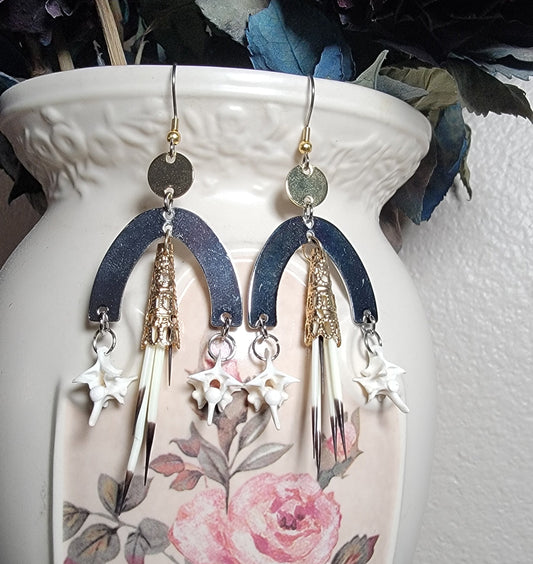 Silver and Gold Tiered Porcupine Quills and Rattlesnake Vertebra Earrings