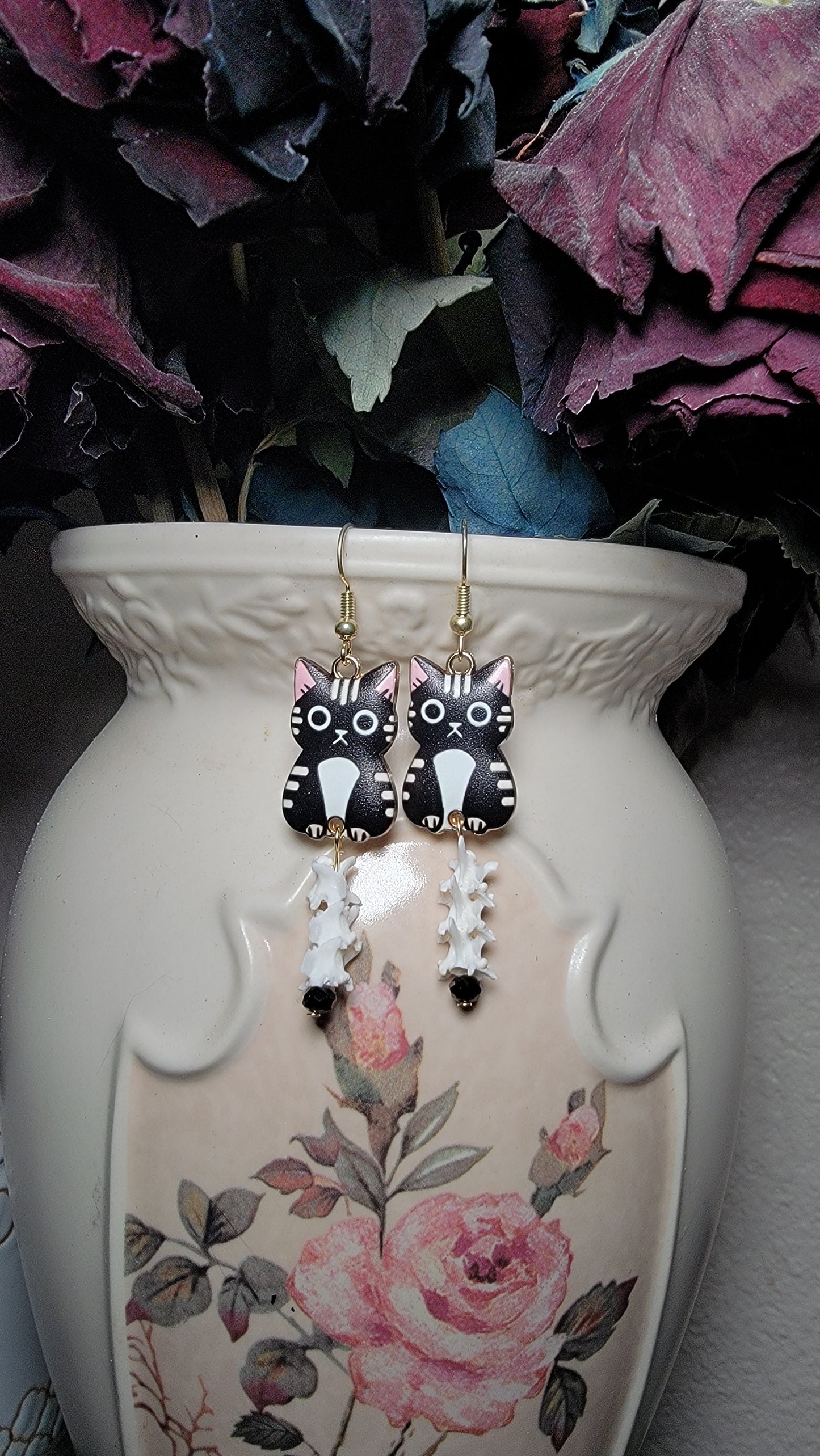 Earrings - Black Cat With Rattlesnake Vertebrae