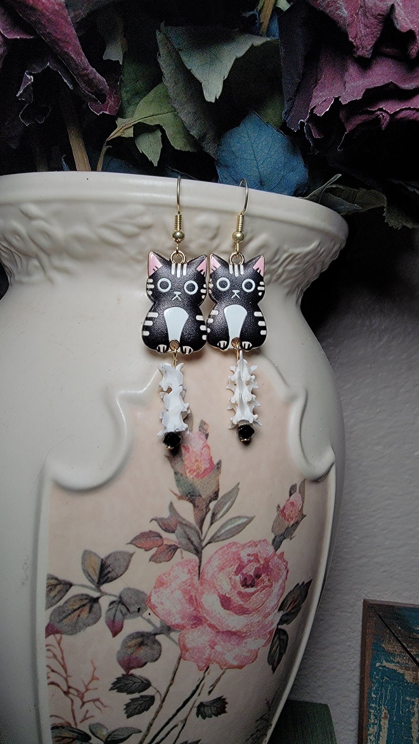 Earrings - Black Cat With Rattlesnake Vertebrae