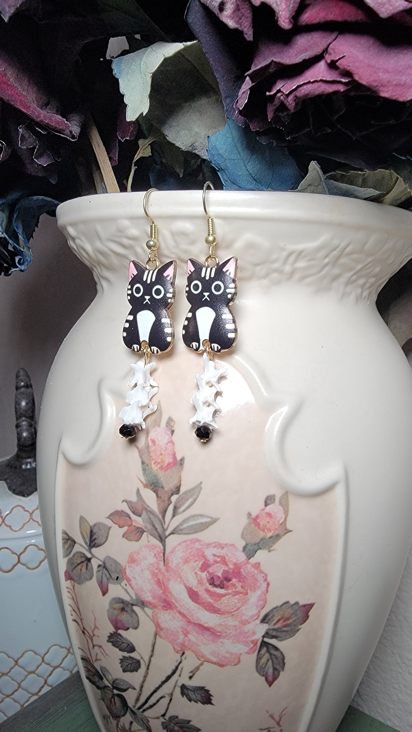 Earrings - Black Cat With Rattlesnake Vertebrae