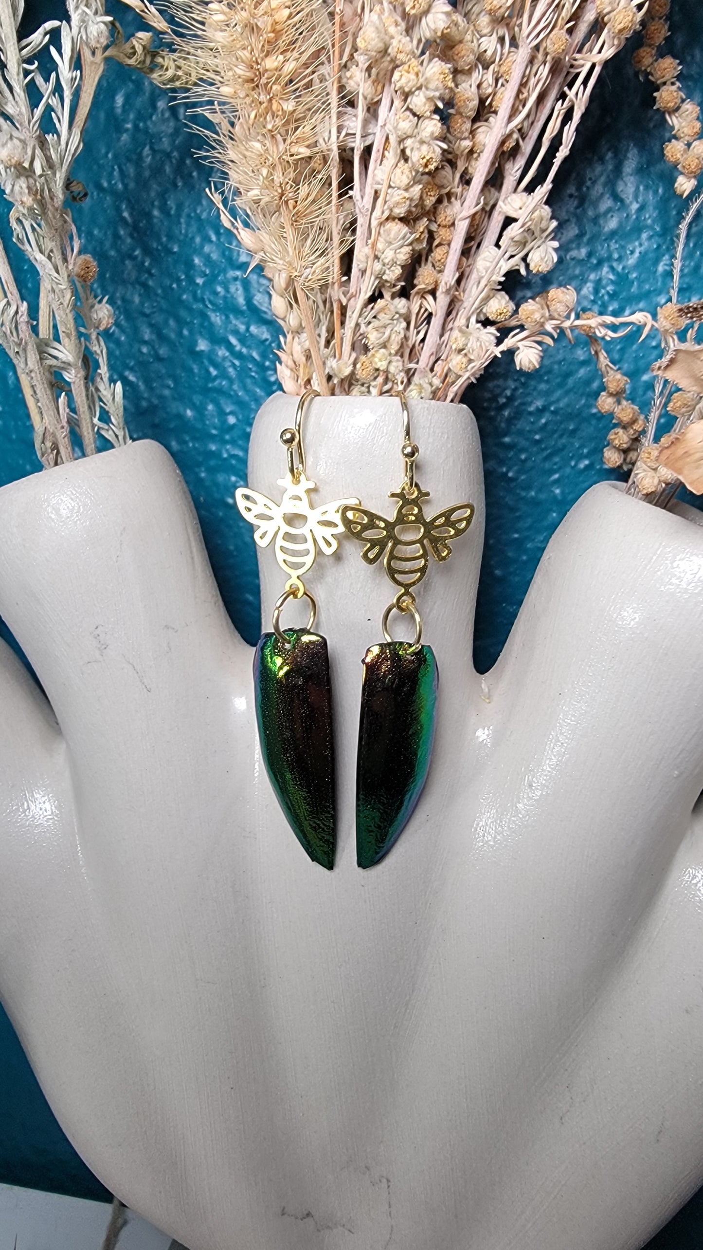 Earrings - Beetle Wings and Bee Charm