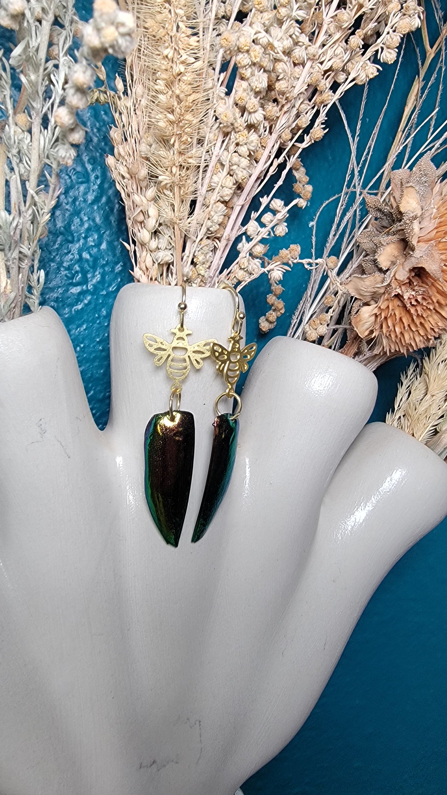 Earrings - Beetle Wings and Bee Charm