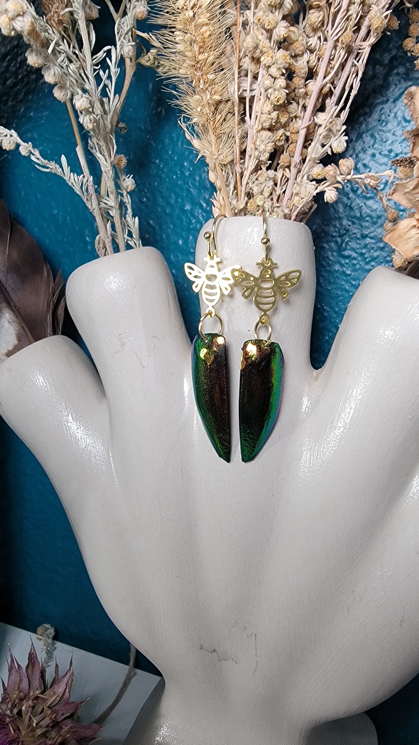Earrings - Beetle Wings and Bee Charm