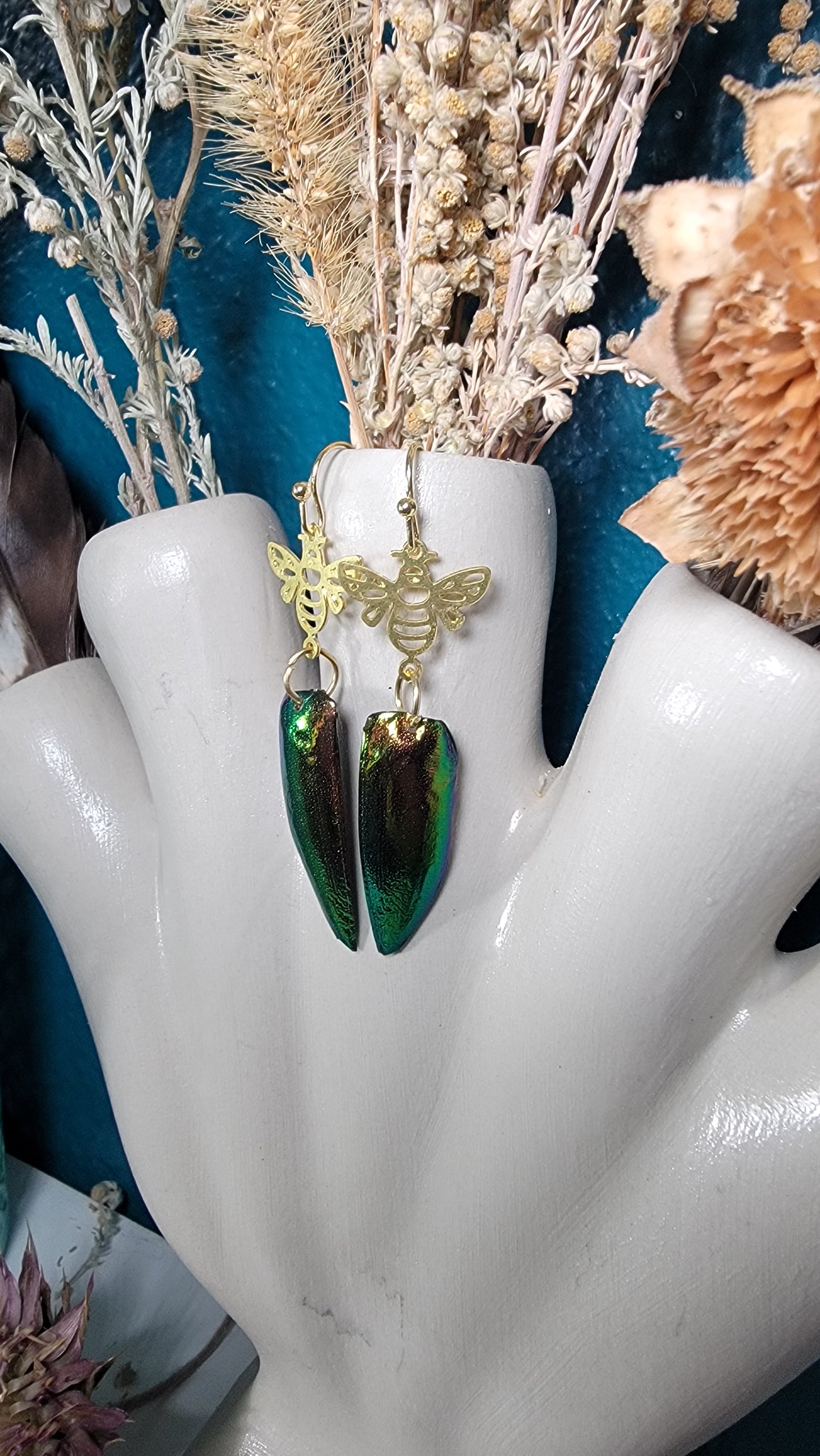 Earrings - Beetle Wings and Bee Charm