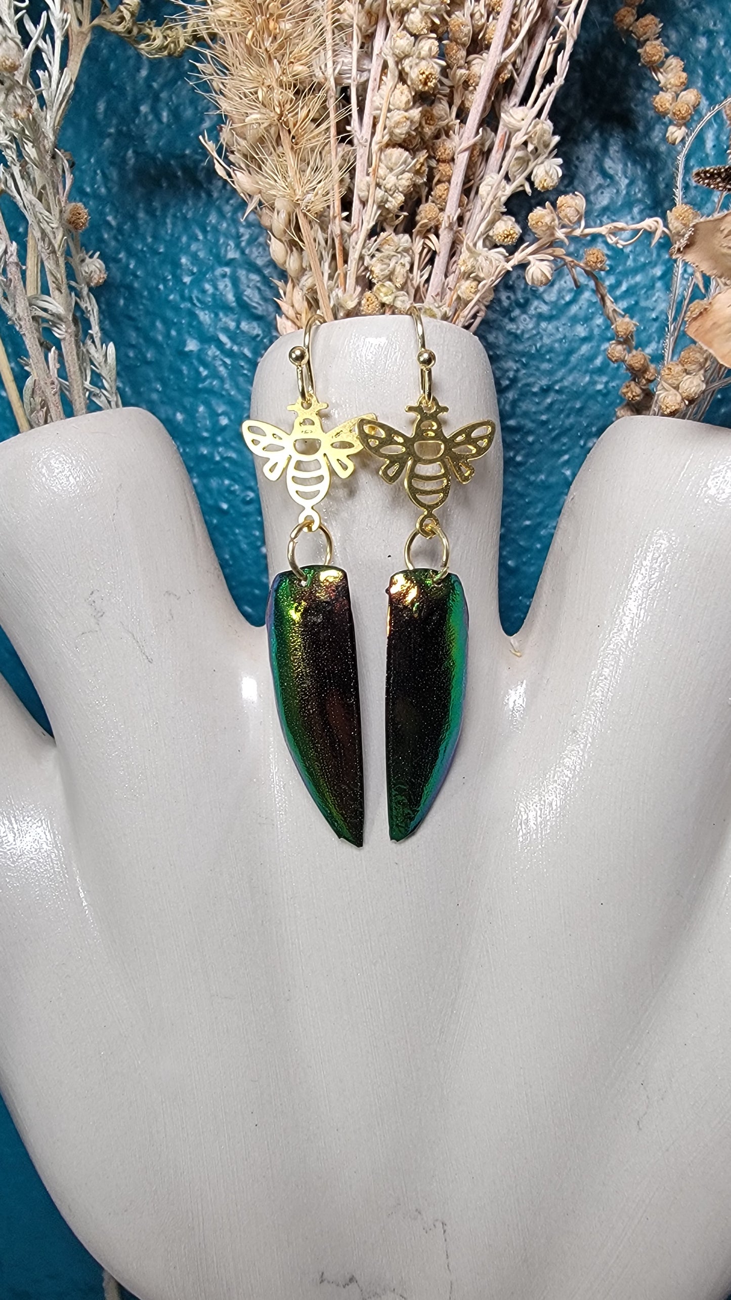 Earrings - Beetle Wings and Bee Charm