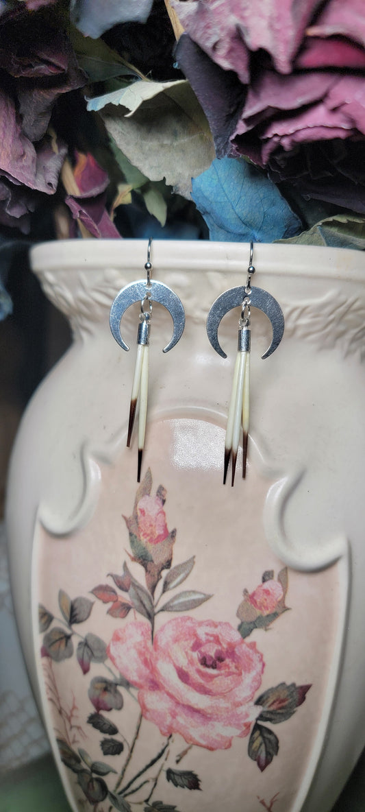 Earrings -Porcupine Quills W/ Crescent Moon