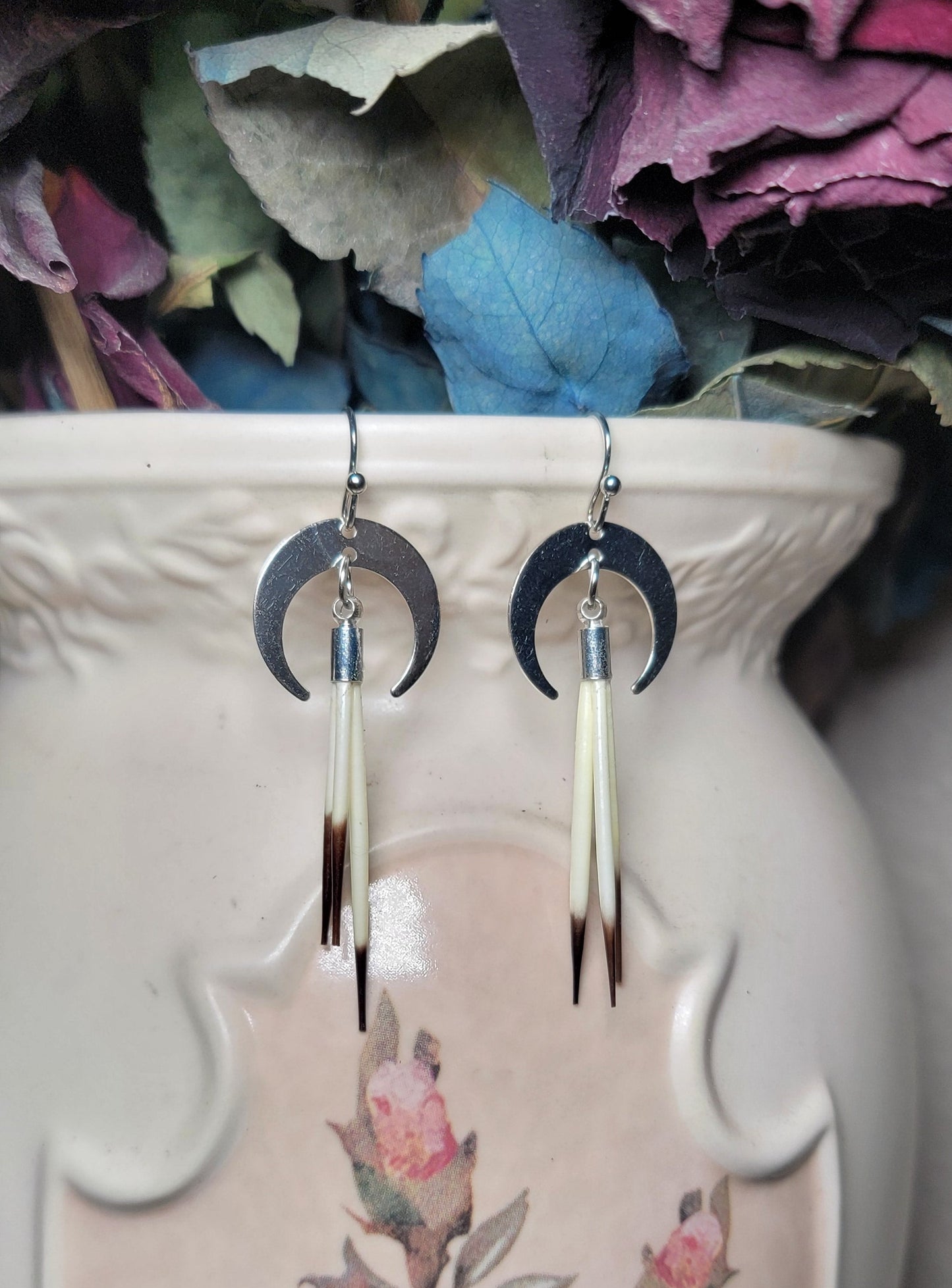 Earrings -Porcupine Quills W/ Crescent Moon