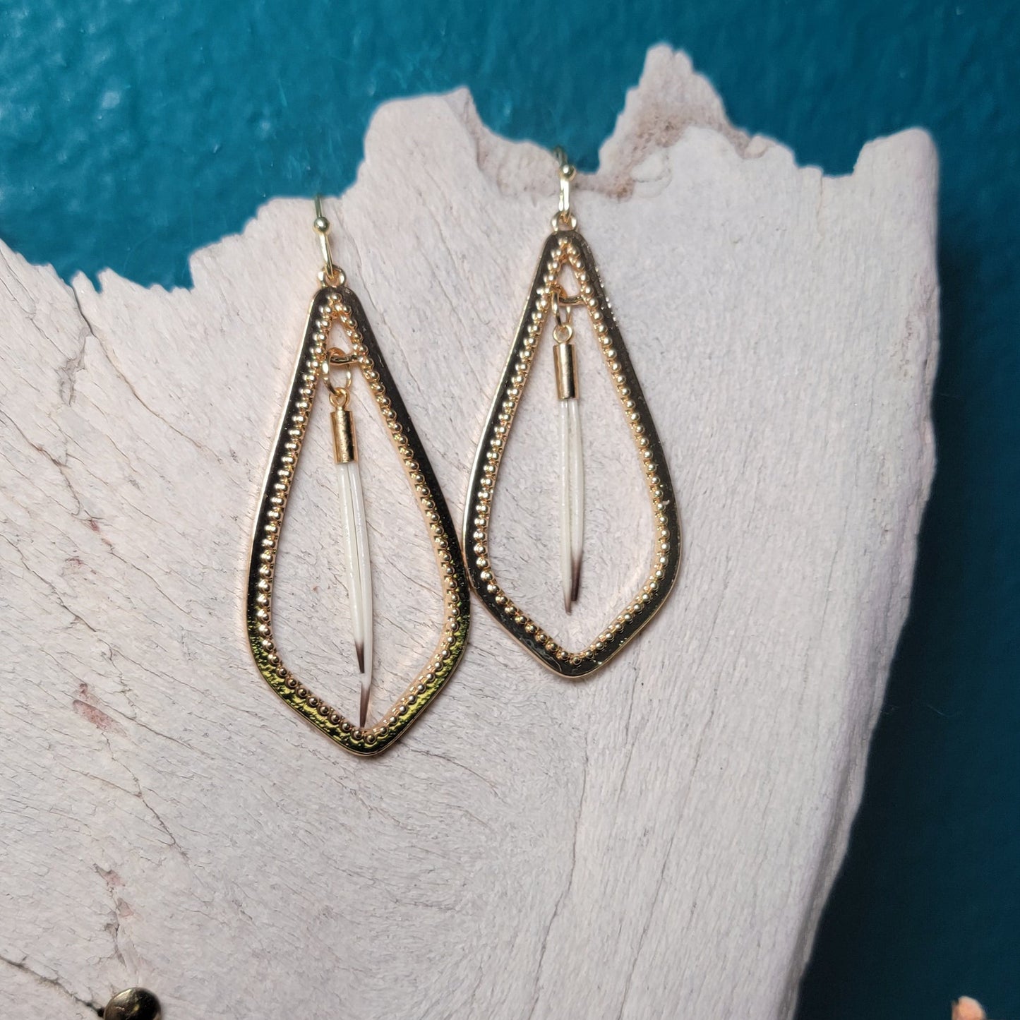 Earrings -Porcupine Quills W/ Gold Tear Drop Hoop