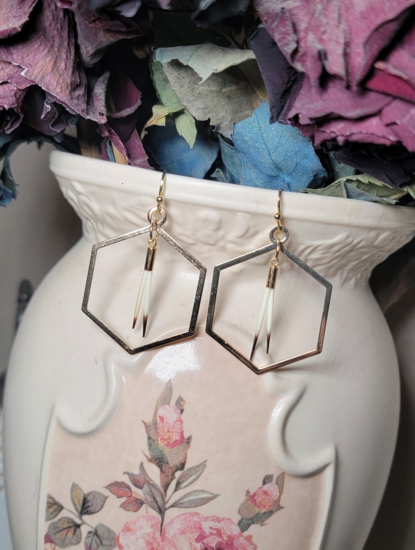 Earrings -Porcupine Quills W/ Hexagon Gold Hoops