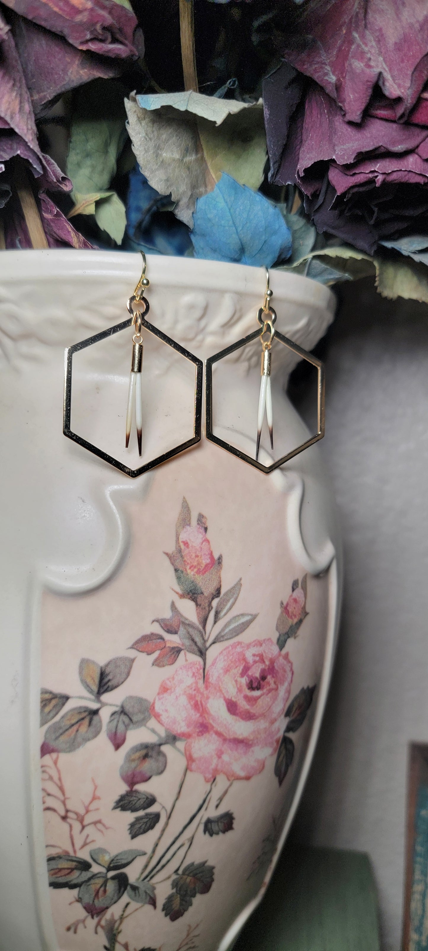 Earrings -Porcupine Quills W/ Hexagon Gold Hoops