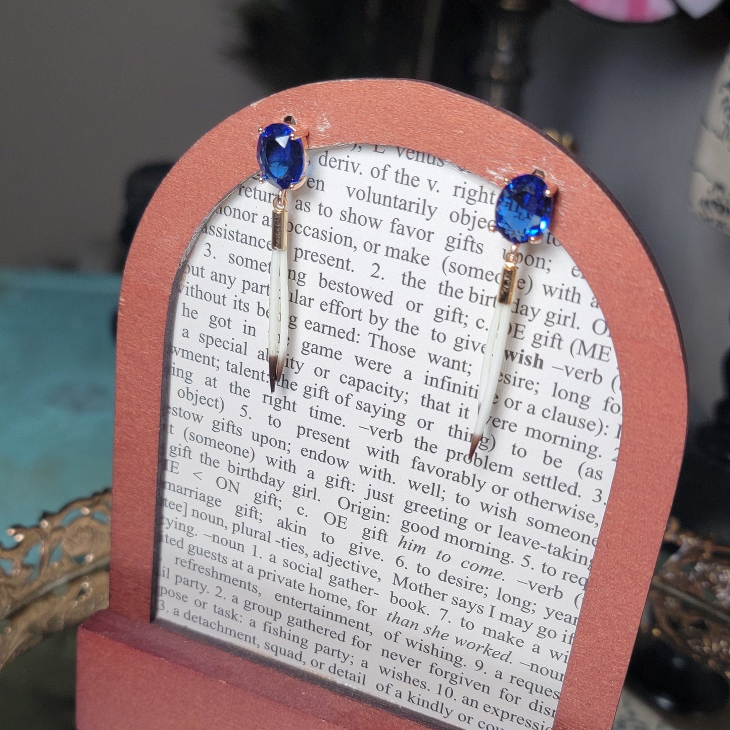 Earrings -Porcupine Quills W/ Blue Gems