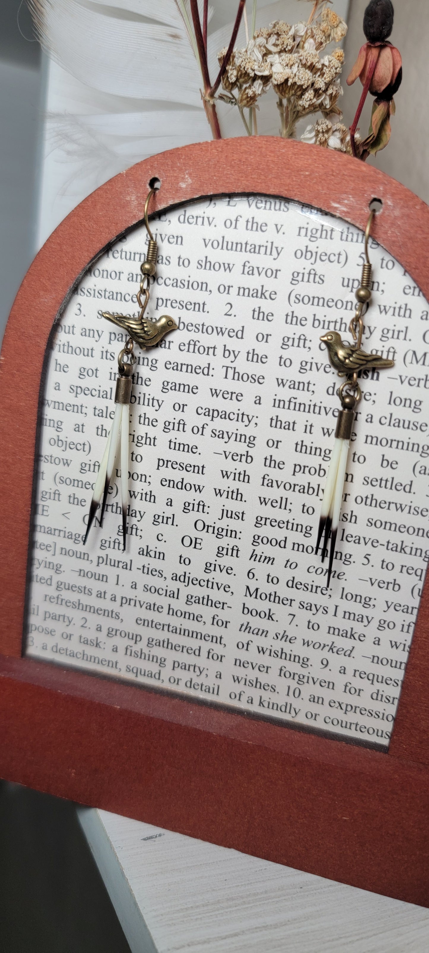 Earrings -Porcupine Quills W/ Bird Charms