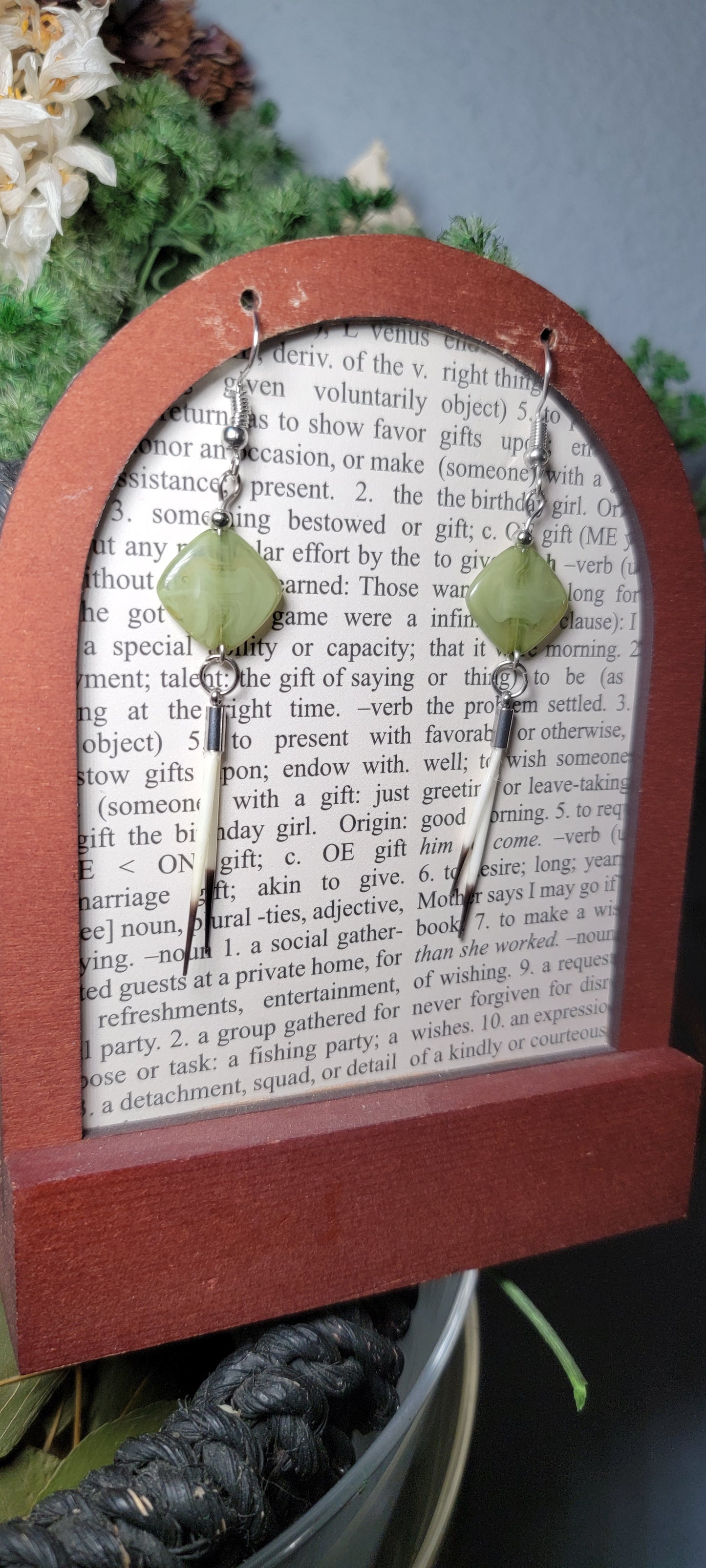 Earrings -Porcupine Quills W/ Green Beads