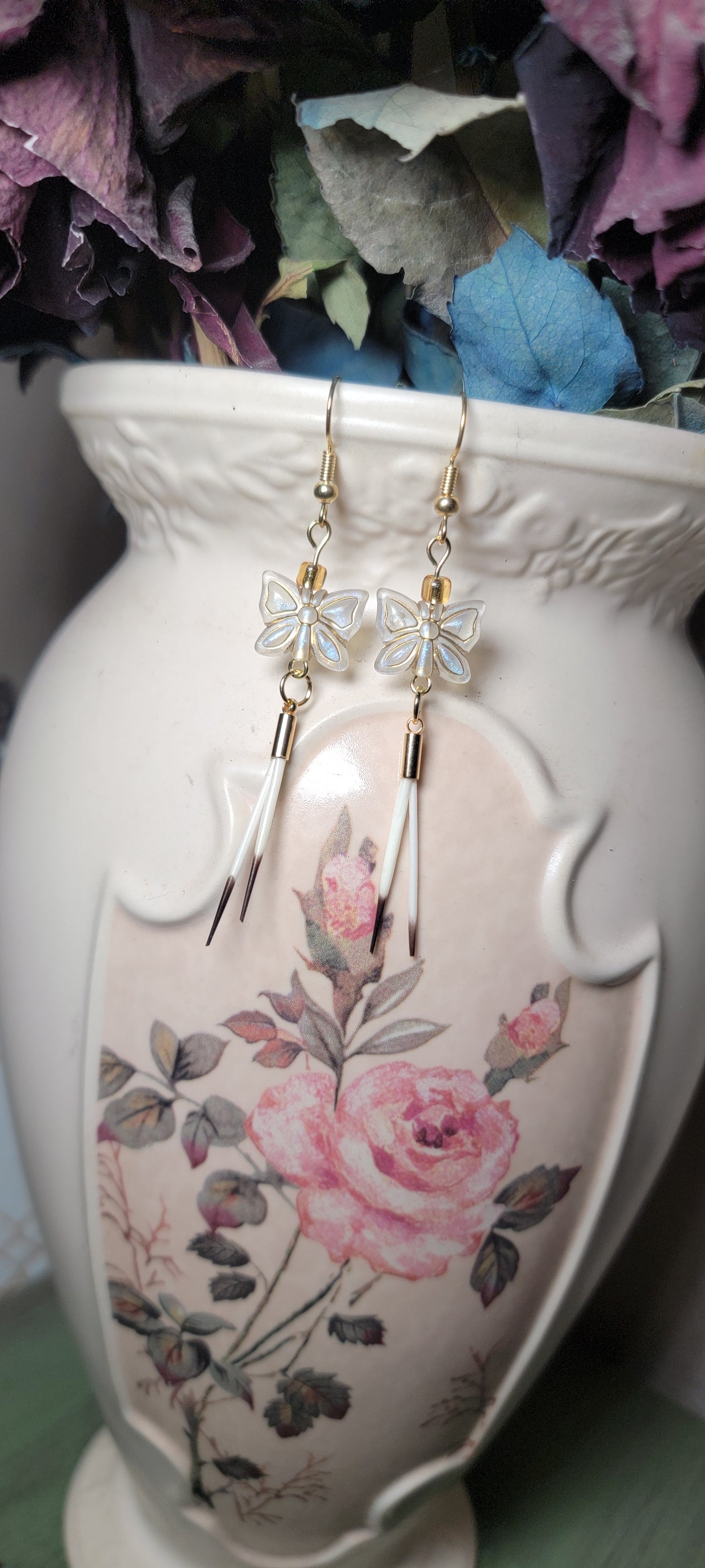 Earrings - Porcupine Quills W/ Butterfly Beads