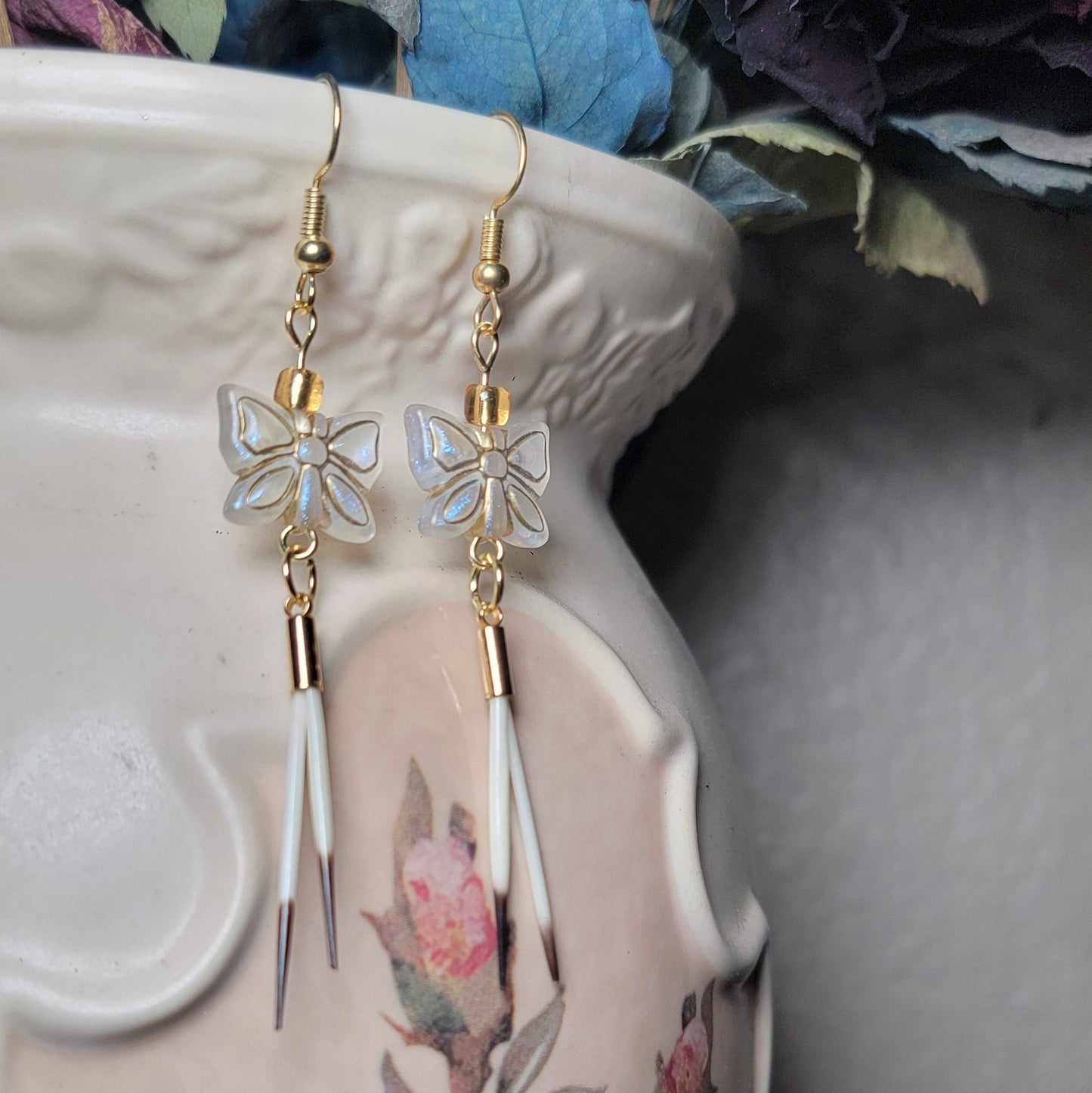 Earrings - Porcupine Quills W/ Butterfly Beads