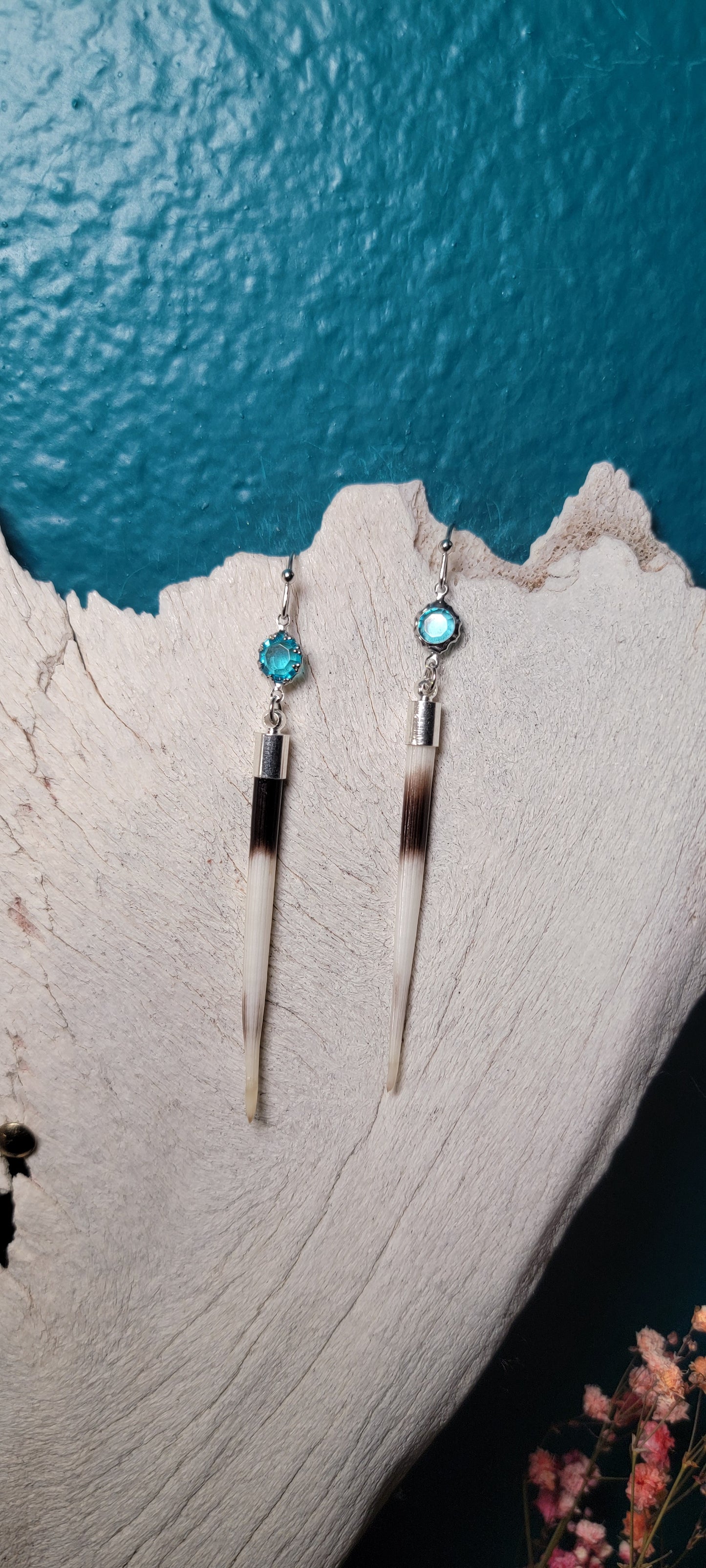 Earrings - African Porcupine Quills W/ Blue Gems