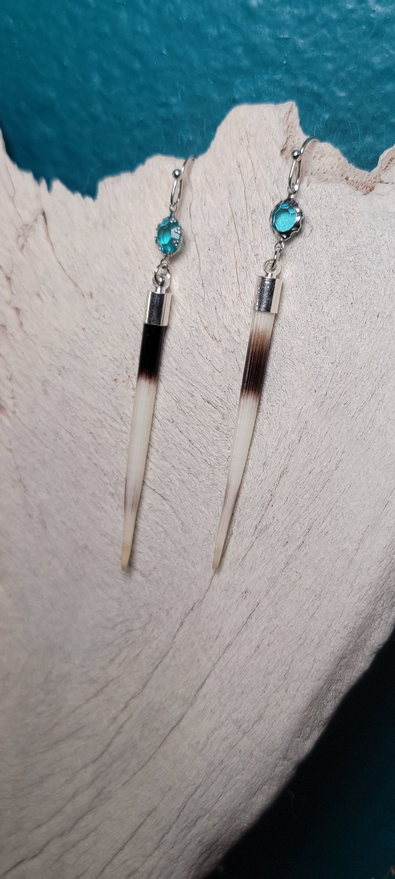 Earrings - African Porcupine Quills W/ Blue Gems