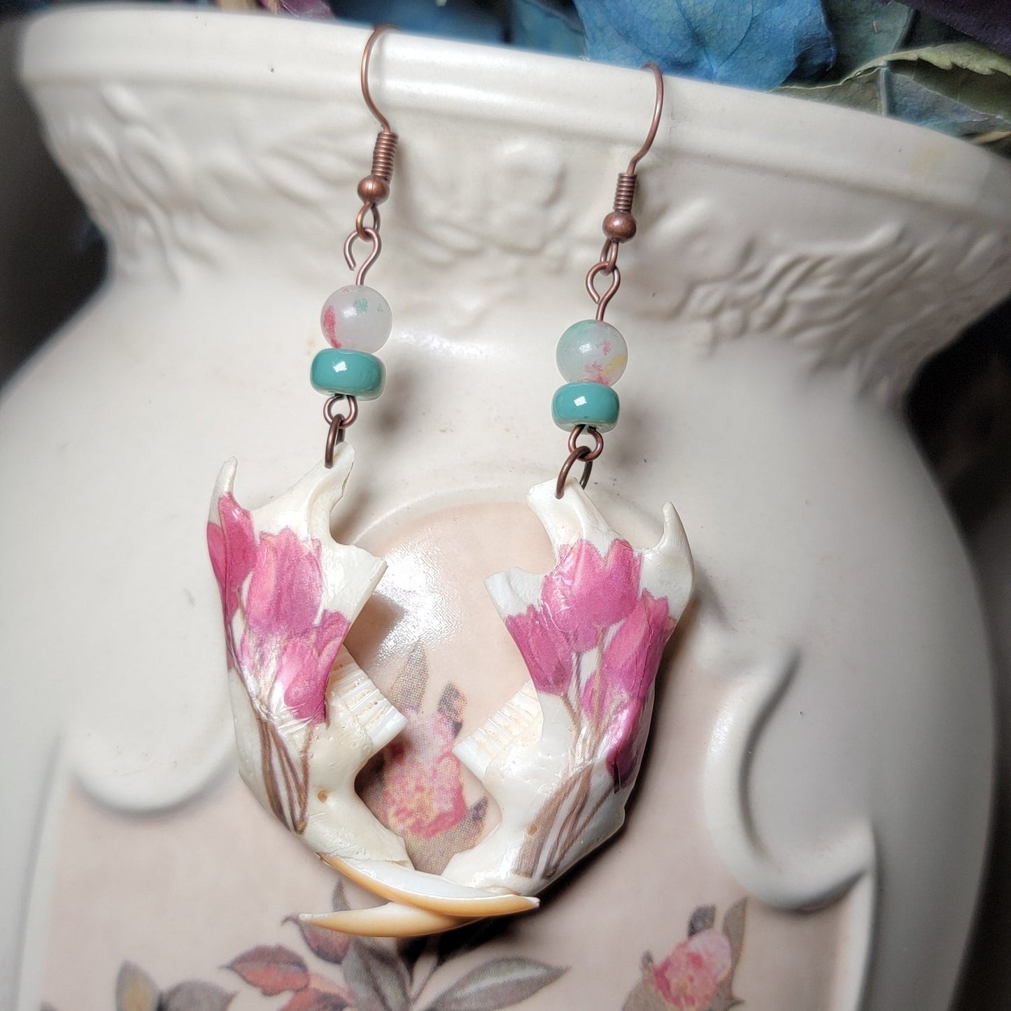 Earrings - Muskrat Jaw W/ Pink Floral Design