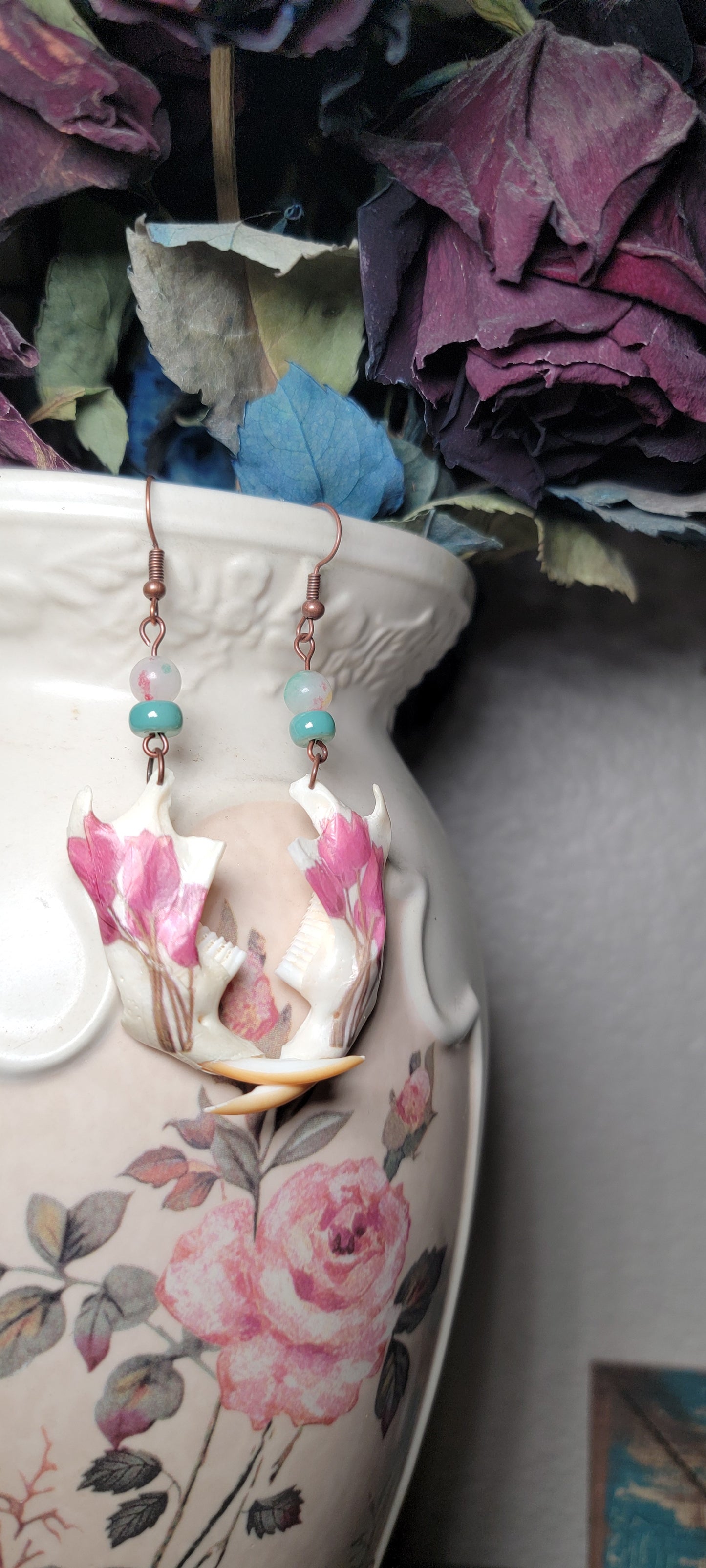 Earrings - Muskrat Jaw W/ Pink Floral Design