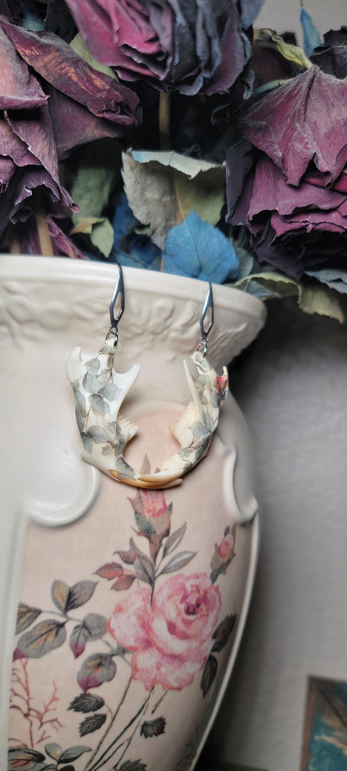 Earrings - Muskrat Jaw W/ Green Foliage