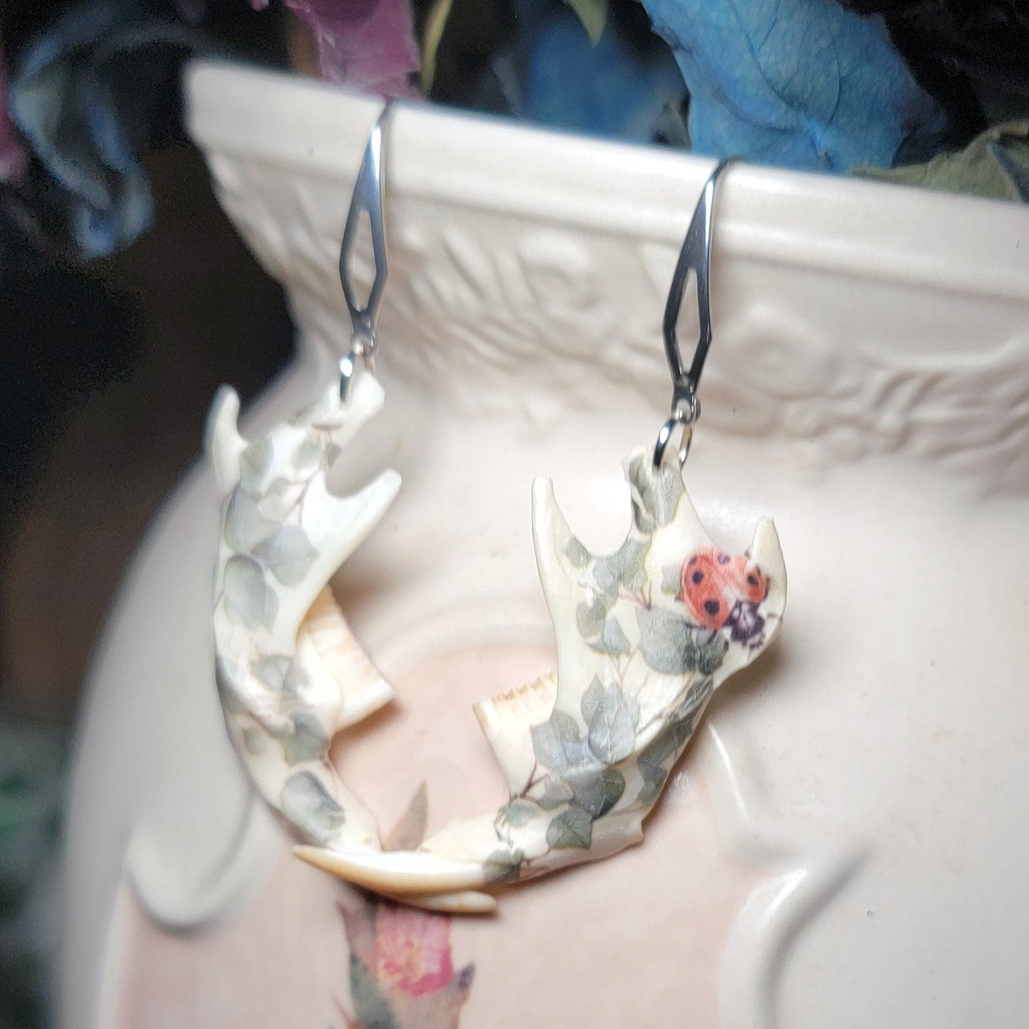 Earrings - Muskrat Jaw W/ Green Foliage