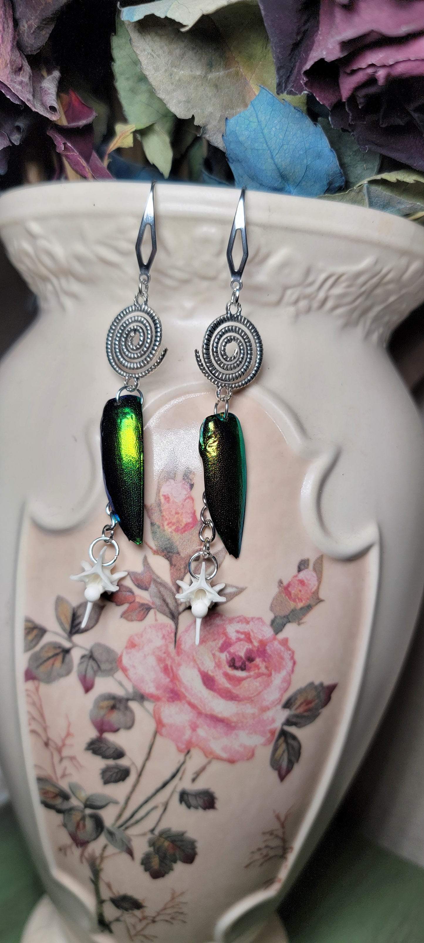 Earrings - Beetle Wings with Rattlesnake Vertebrae