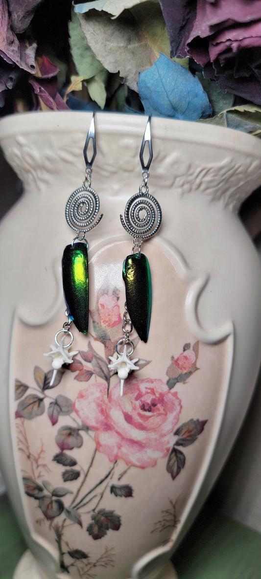 Earrings - Beetle Wings with Rattlesnake Vertebrae