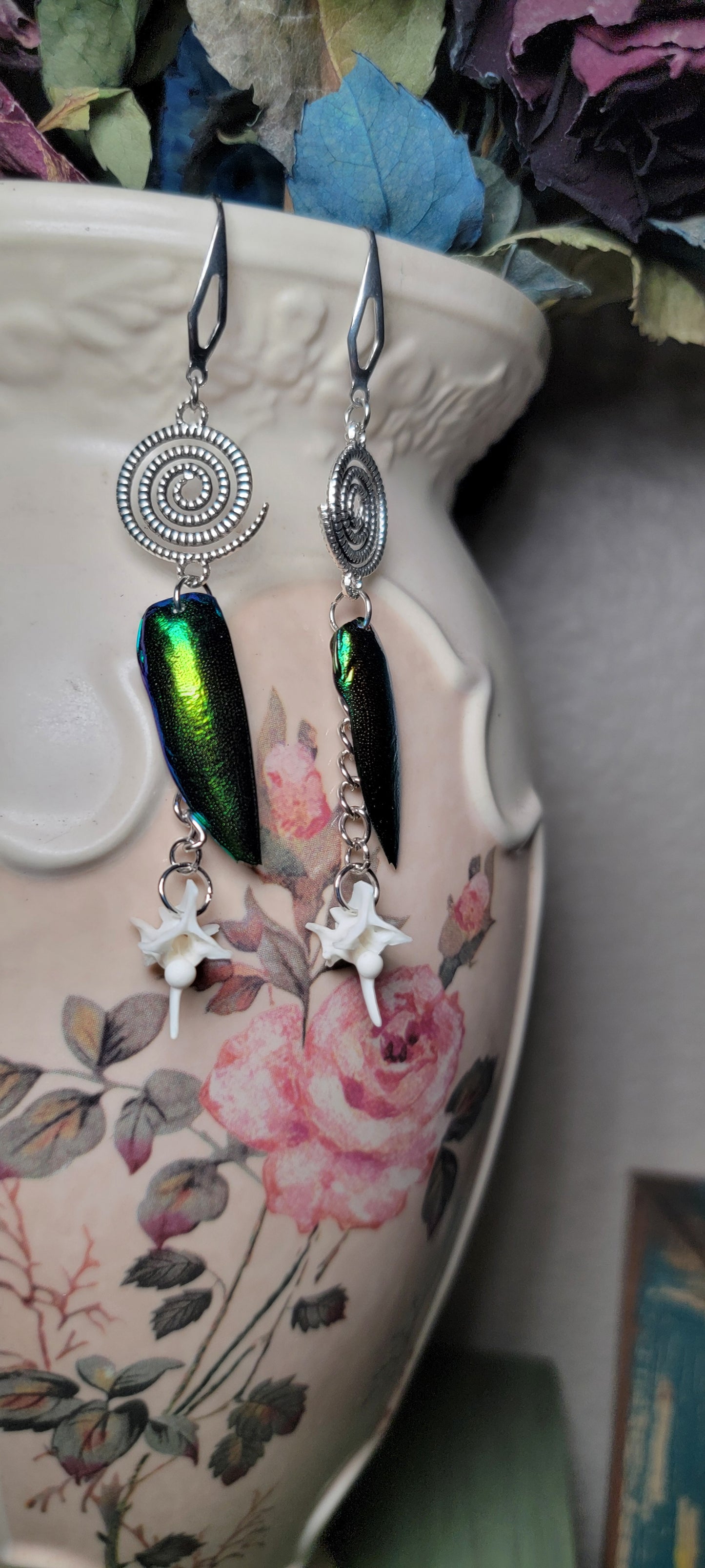 Earrings - Beetle Wings with Rattlesnake Vertebrae