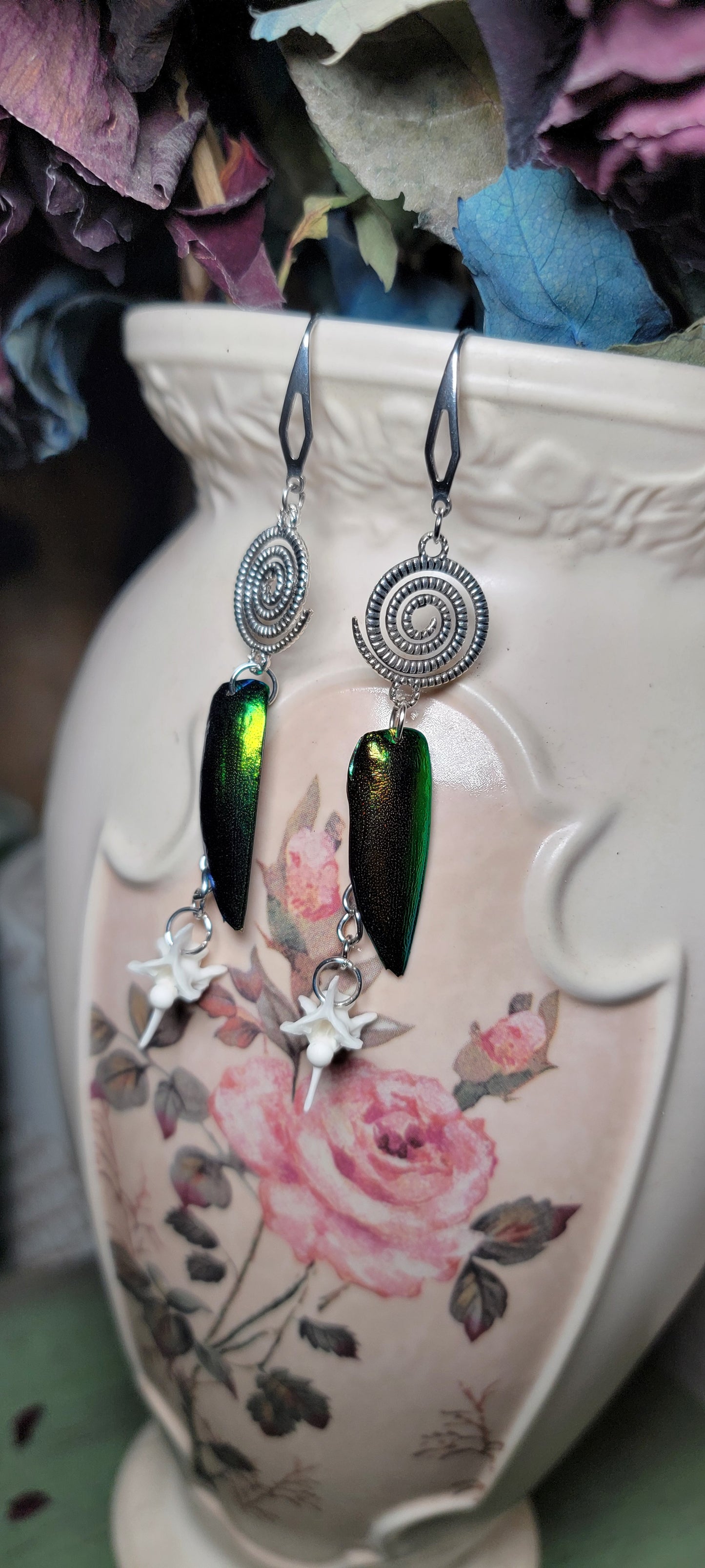 Earrings - Beetle Wings with Rattlesnake Vertebrae